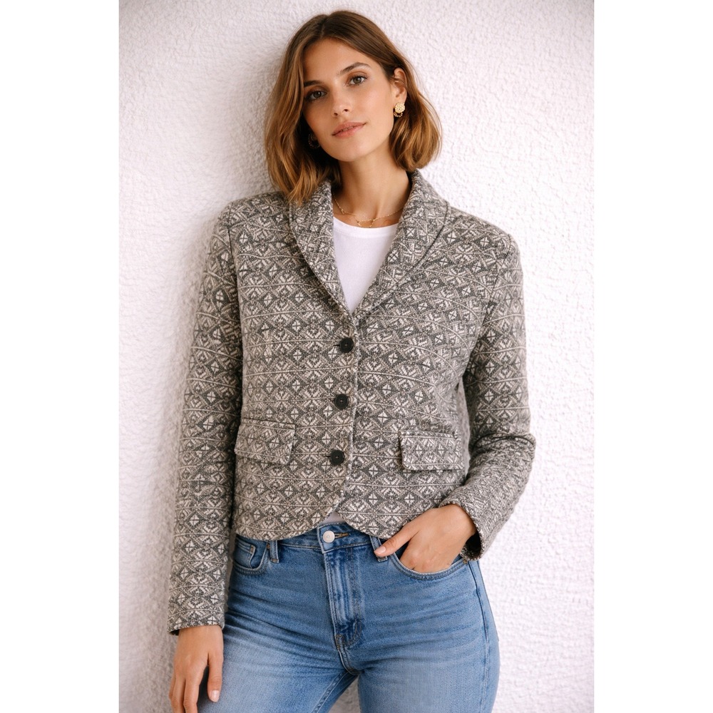 Chelsea & Violet Knit Cardigan Jacket Gray Lambswool Nordic Fair Isle Pockets M